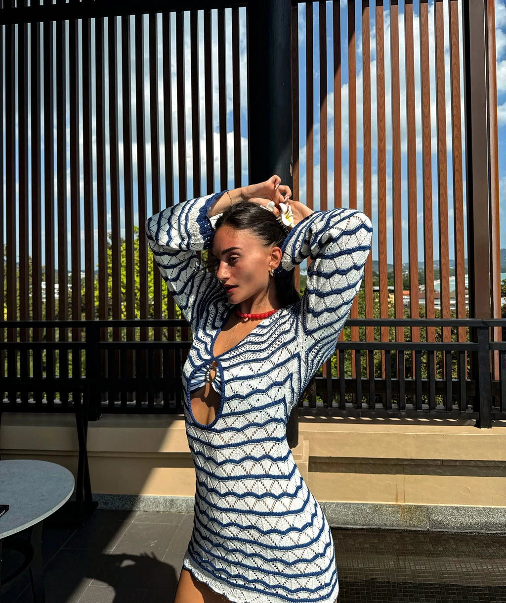 Sexy Boho Striped Chic V-neck Cut Out Bell Sleeve Knit Beach Mini Dress 2026 Summer Women Seaside Holiday Swimsuit Cover Up K123
