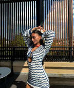 Sexy Boho Striped Chic V-neck Cut Out Bell Sleeve Knit Beach Mini Dress 2026 Summer Women Seaside Holiday Swimsuit Cover Up K123