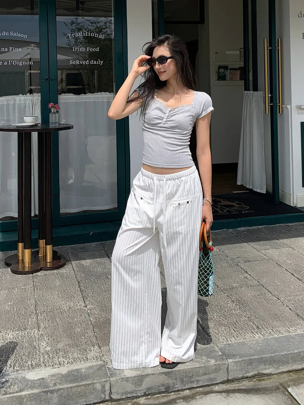 Women White Striped Wide Leg Pants Summer Loose Straight Leg Trousers Slimming Floor-length Casual Long Pants for Daily Wear