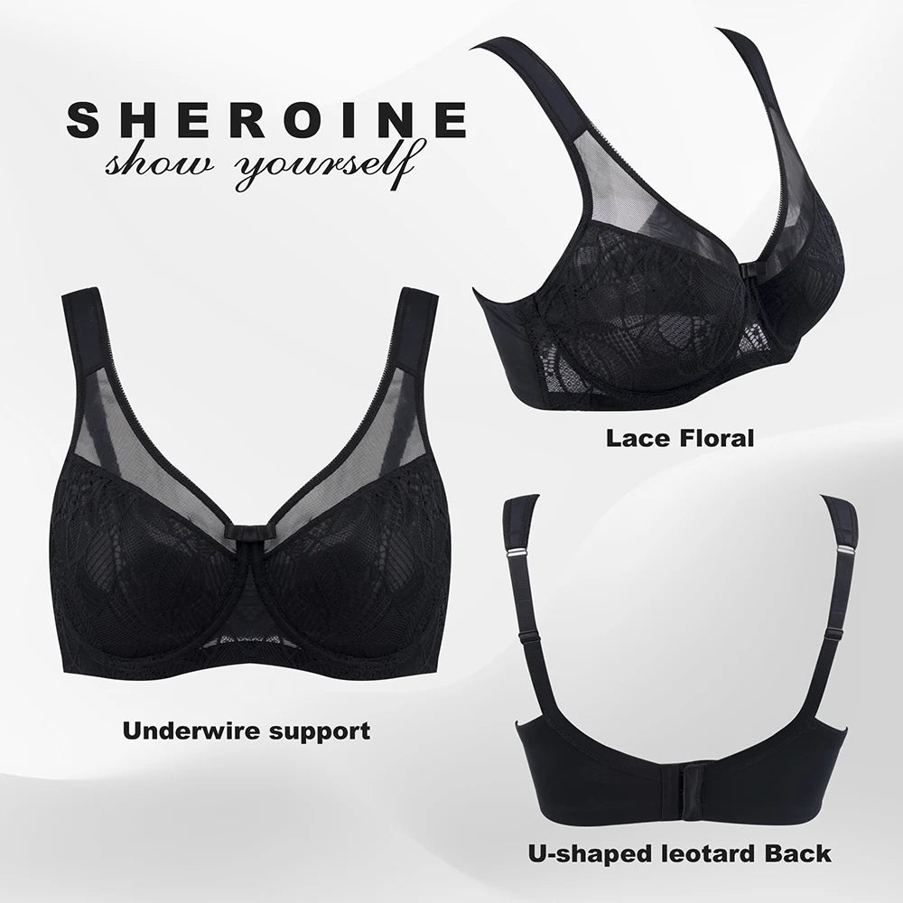 Sheroine Plus Size Women's Lace Floral Minimizer Bra, Underwire Full Coverage Unpadded Bras for Women Lifting Support Comfort