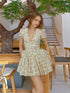 Vintage Floral Print Yellow Pleated Mini Dress Women Summer Puff Sleeve V Neck Party Beach Dresses Elegant Chic Y2K Vestidos