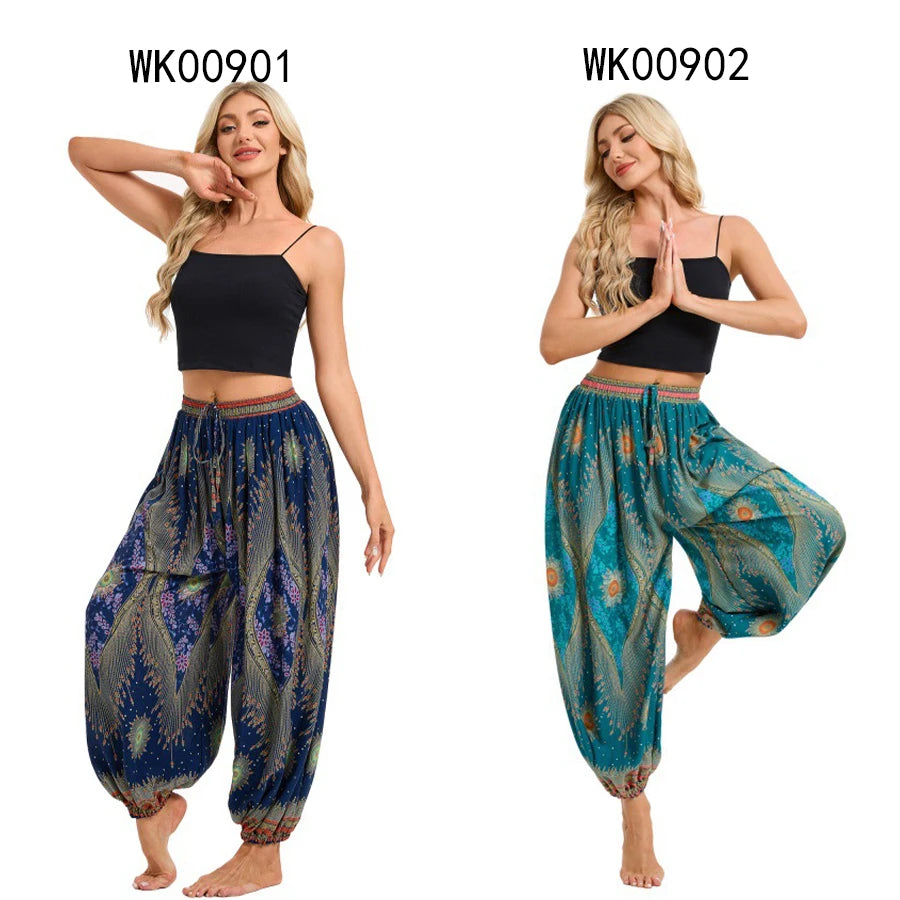 Women's Boho Wide Leg Harem Pants Adult High Waist Yoga Loose Lantern Pants Breathable Beach Trousers Vacation Printed Jagger