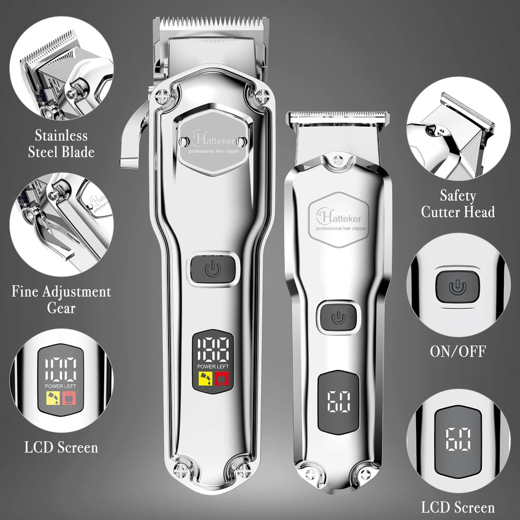 HATTEKER Professional Hair Clipper for Men Cordless Metal Barber Clipper and Trimmer Set Clipper for Hair Cutting Kit