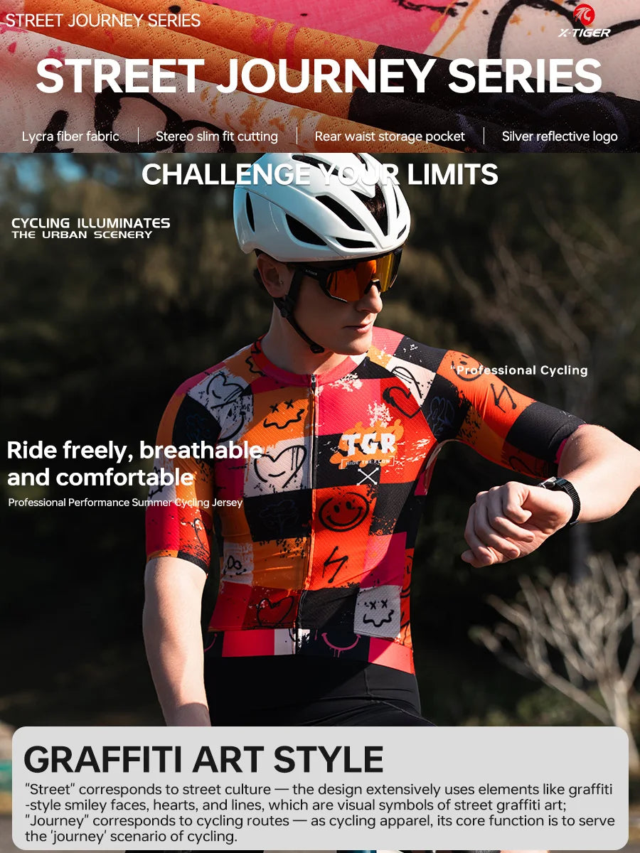 X-TIGER Summer Men's Cycling Jersey Short Sleeve Slim Fit GRAFFITI ART STYLE Breathable Maillot for Mountain Road Bike Pro
