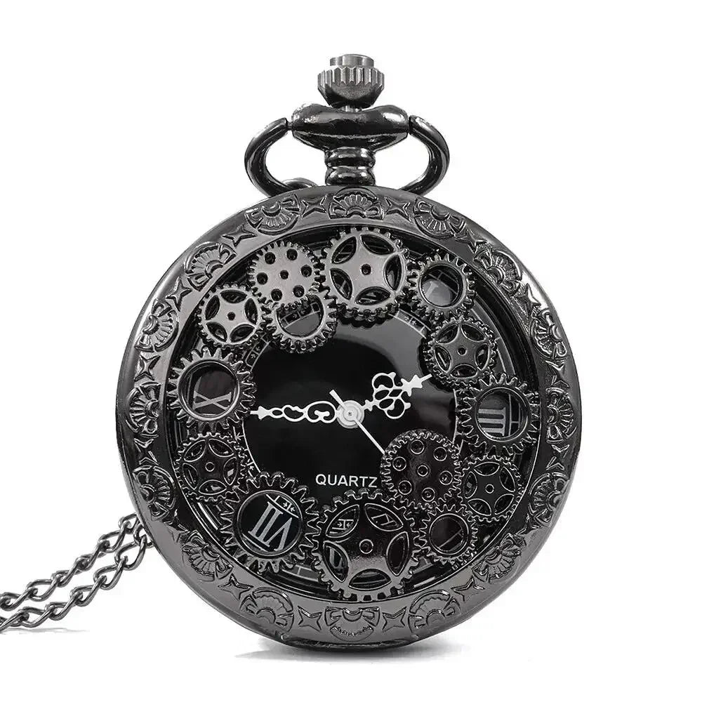 1pc Black Retro Hollow Gear Carved Quartz Pocket Watch Necklace Pendant Clock Chain Men Women Memorial Gift