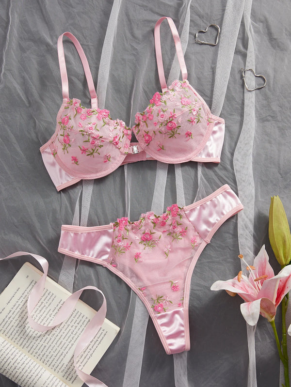 Pink Floral Embroidery Lingerie Set 2PCS Underwired Semi-Sheer Front Closure Back Double Hooks Sexy Underwear for Romantic Occas