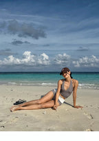 Sexy V-neck Small Chest Gathered To Cover The Belly Exposed Back Fashionable Checkered Flat Angle Pants Split Swimsuit for Women