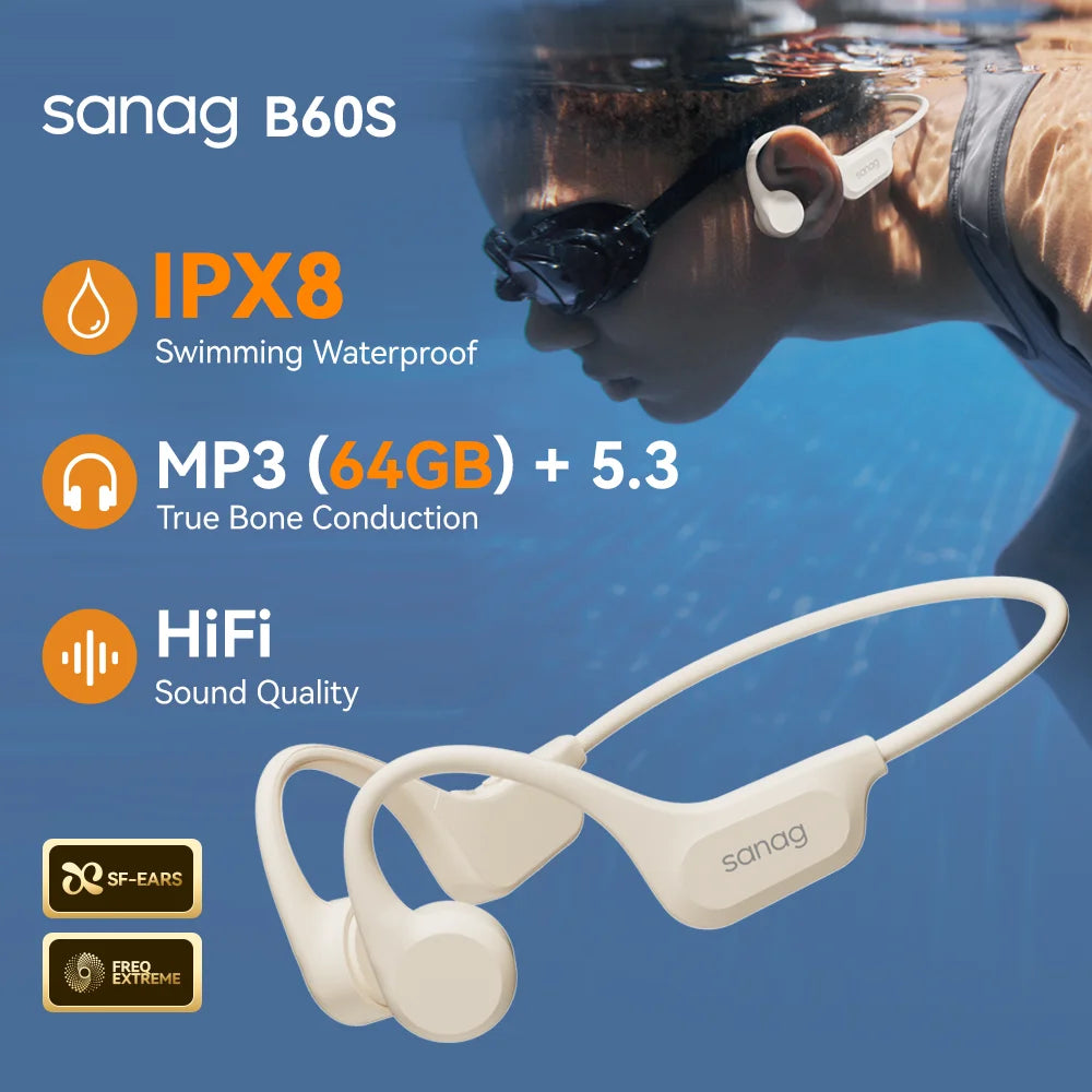 Sanag B60S Bone Conduction Earphone IPX8 Swimming Bluetooth Headphones Wireless Headset 32GB/64GB MP3 with Microphone Earbuds