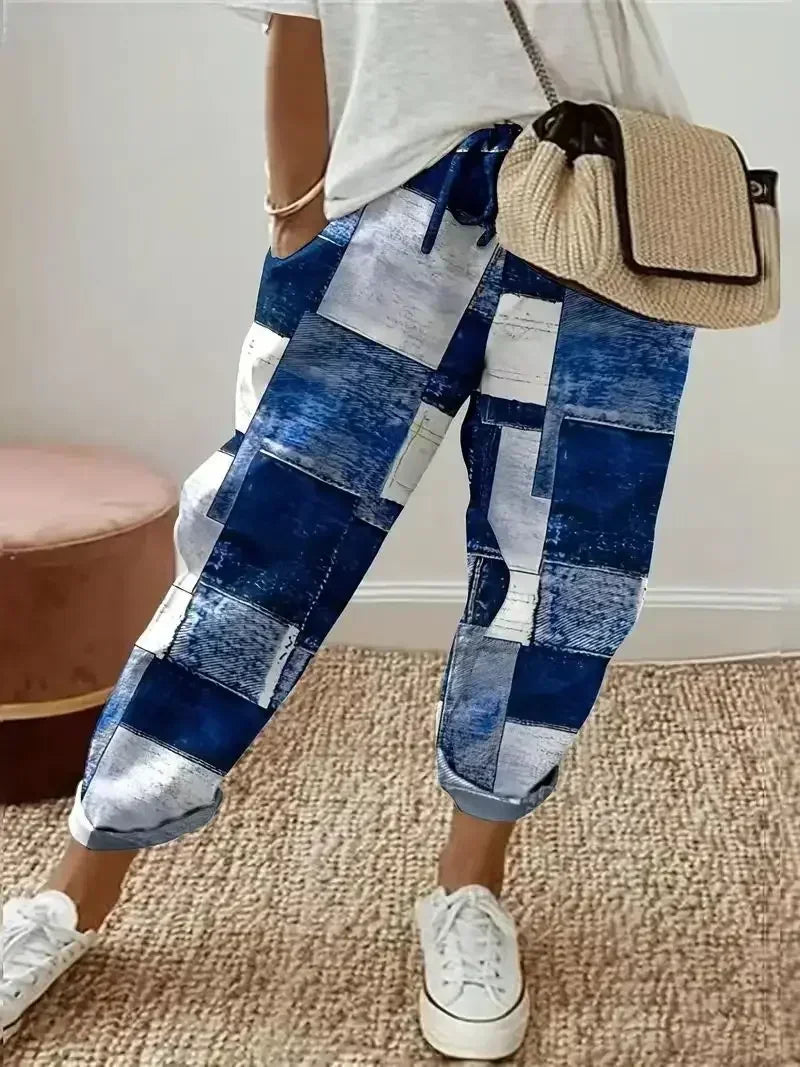 Plus Size 1XL-5XL Women's Fashion Floral Print Straight Elastic Drawstring Pocket Pants Ladise Casual Versatile Pants