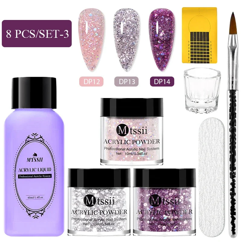 8pc MTSSII Acrylic Powder Nail System Set Clear Nude Pink Monomer Liquid Set With Nail Brush For Nails Extension Carving Flower