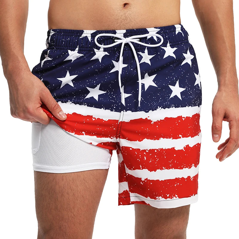 ESCATCH 2026 New Arrival Mens Swimming Trunks Compression Liner 2 in 1 Printing Quick-Dry Gym Sports Mens Shorts Zipper Pockets