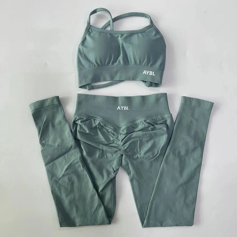 AYBL Yoga Set Seamless Yoga Set 2 Pieces Women Workout Set Scrunch Leggings Backless Sports Bra Fitness Top Gym Pants Clothes