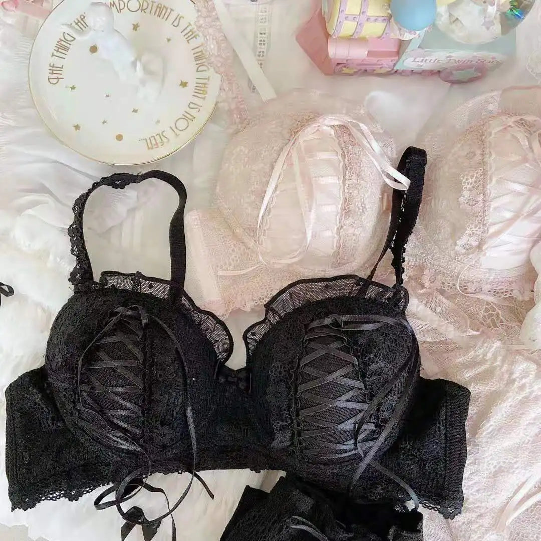 Lolita Girls Lace Padded Bra Sets Women Underwear Intimates Bralette Lingerie Japanese Ruffled Sweet Sexy Thin Cup Panties