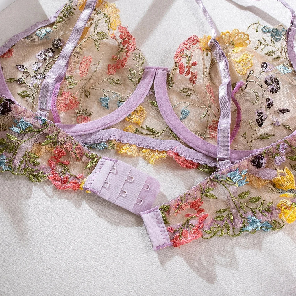Yimunancy Floral Embroidery Lingerie Set Women Sheer 2-Piece Boho Bra + Panty Underwear Set Intimates