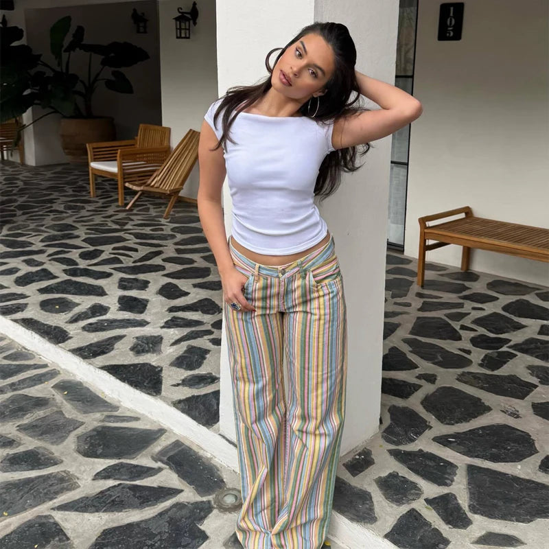 MUJER Striped Baggy Jeans Woman Low Rise Wide Leg Jeans Pants for Women New Boyfriend Jeans Women Straight Women's Denim Pants