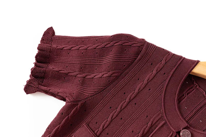 Summer Solid Round Neck Short Sleeved Office Lady Knitted Dress Women Korean Single Breasted Hollow Out Long Dress Fashion Trend