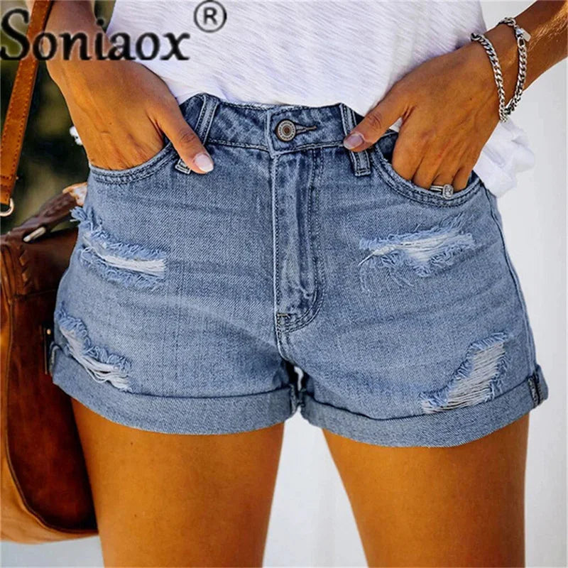 2024 Summer New Women Crimping Button Up Stretch Sexy Hole Jean Shorts High Waist Skinny Streetwear Trendy Ripped Denim Shorts