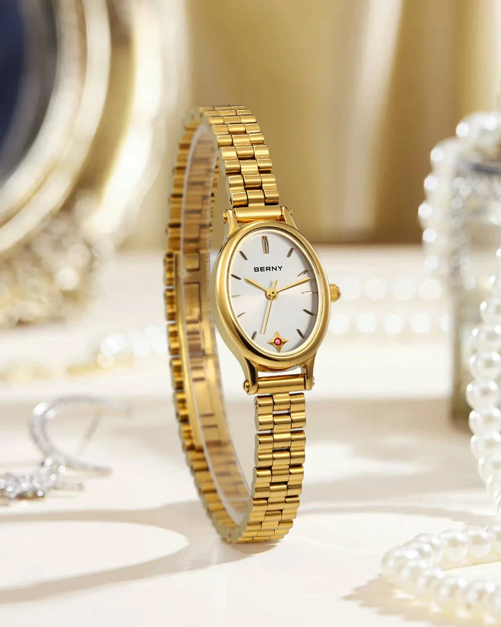 BERNY Gold Watch for Women Olive Green Quartz Jewelry Bracelet Casual Jewelry Women's Wristwatch Small Fashion Ladies Watches