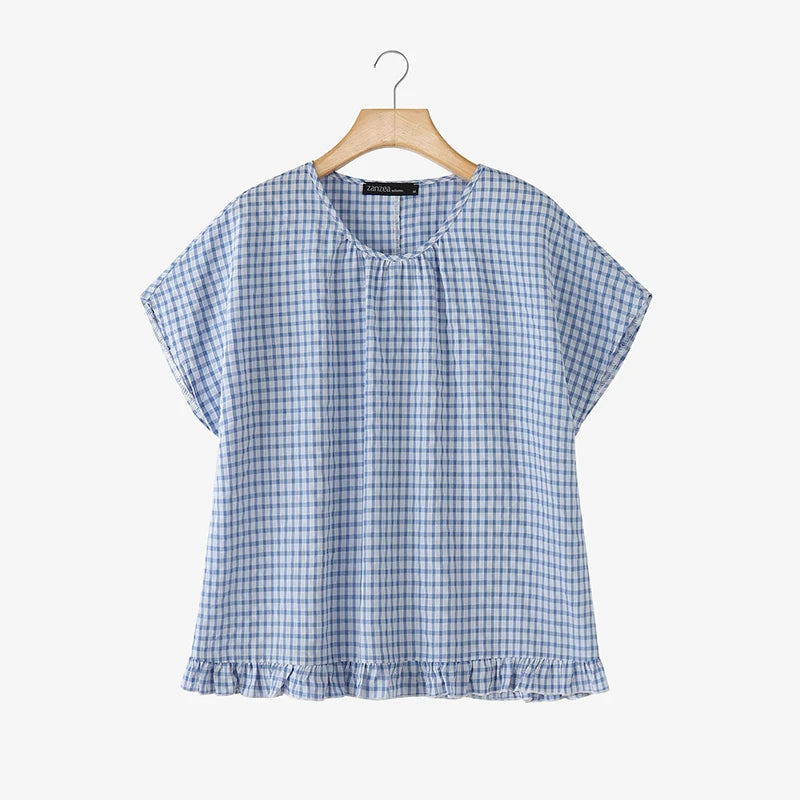 Women Summer Plaid Checked Blouse ZANZEA 2026 Fashion O Neck Short Sleeve Tops Casual Loose Holiday Shirt Elegant Work Blusas