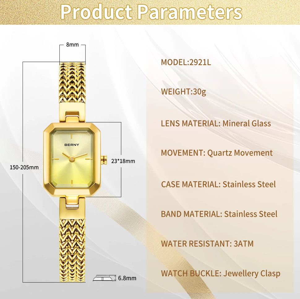 BERNY Square Women Wristwatch Luxury Fashion Quartz watches Minimalist Rectangle Mini Dial Stainless Steel Jewelry Women's Watch
