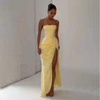 Women Solid Pleated Sexy Strapless Dress Lady Chic Off-shoulder Backless High Waist Split Dresses 2026 New Evening Party Gown