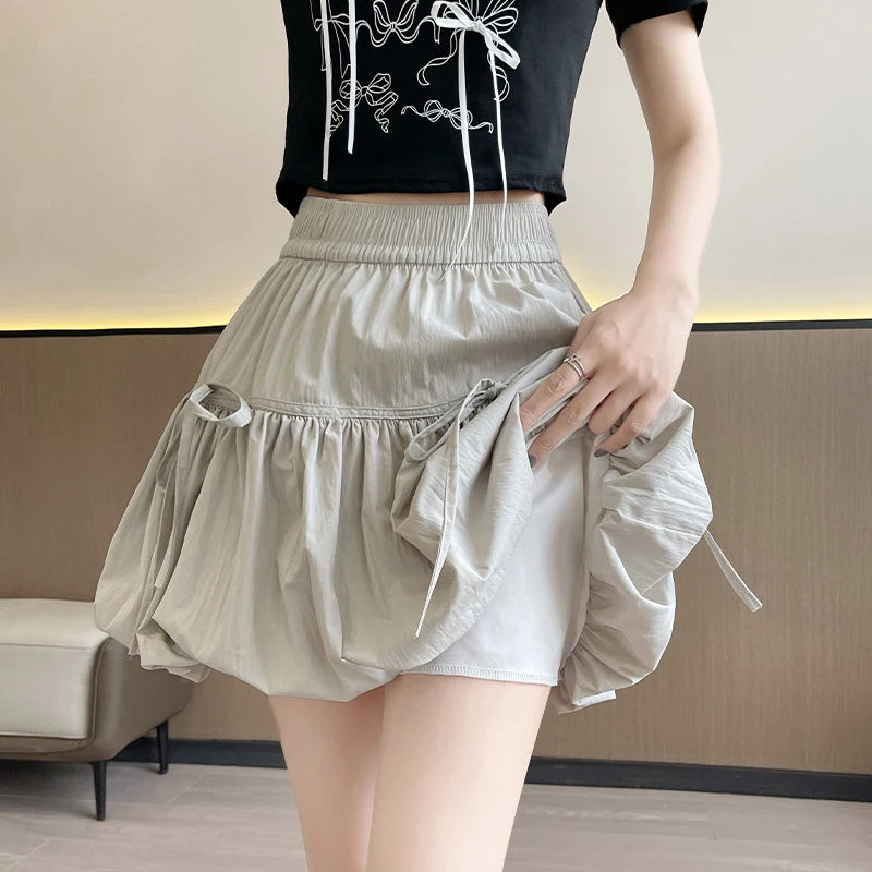 Sweet Bow Pleated Fluffy Skirts for Women Summer Korean Style Elastic Waist Lantern Skirt Woman Loose White A-Line Short Skirts