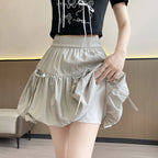 Sweet Bow Pleated Fluffy Skirts for Women Summer Korean Style Elastic Waist Lantern Skirt Woman Loose White A-Line Short Skirts