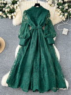 Spring Autumn French High-end Women's Dress New Lace Embroidery V-neck Lantern Sleeves Single Breasted Party Birthday Dress C192