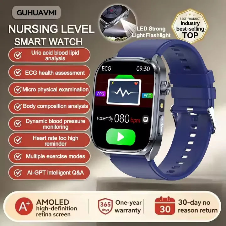 New Health Watch Uric Acid Blood Pressure Blood oxygen Body Analysis Body Fat SmartWatch ECG+PPG Bluetooth call Clock Women Men