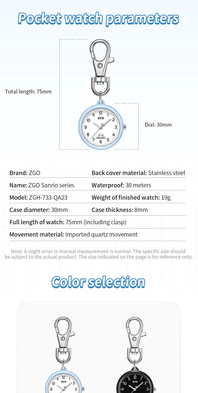 ZGO Sanrio Cinnamoroll Lady Pocket Watch, Simple Design Sense Pendant Watch, Waterproof, Quartz Watch, Gift 733