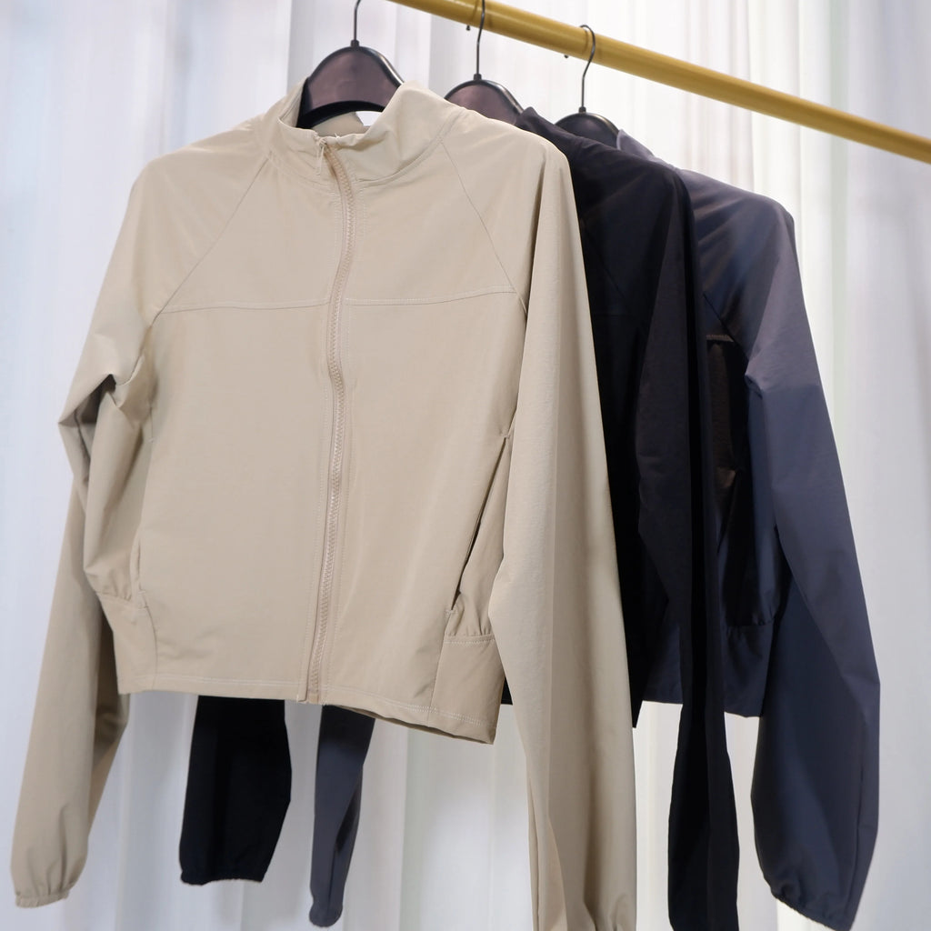 Yoga Wear American Style Sports Windproof Stand Collar Sun Protection Jacket Breathable Top Outdoor Quick-Dry Short Zipper Women