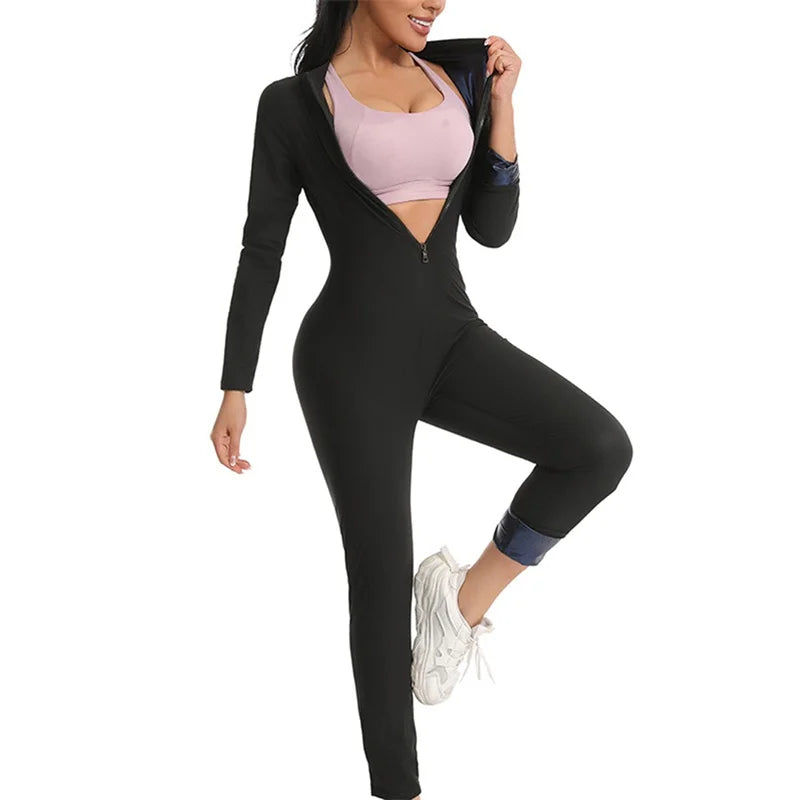 MrifDila Sauna Suit Jumpsuit Full Zip Up Sweatsuit Hot Sweating Jumpsuit Long Sleeve Romper Bottom Pants Sweating Bodysuit Shape