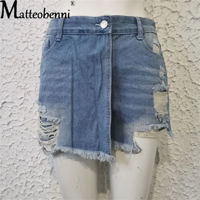2024 Summer New Women Ripped Repaired Denim Shorts High Waist Bodycon Distressed Hole Bottoms Casual Pockets Sexy Short Jeans