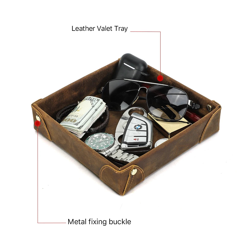 Retro Genuine Leather Storage Tray Desktop Organizer For Key Jewelry Coins Cable Cosmetic Storage Box Home Decoration