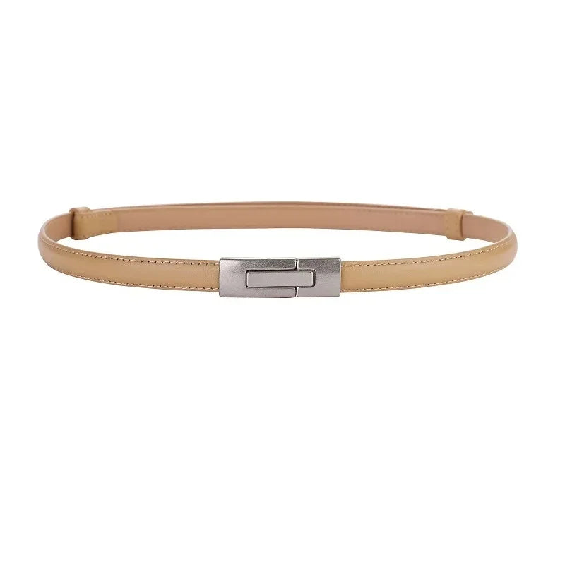 Adjustable Women’s Skinny Thin Belt, Classic Solid Color Genuine Leather Waistband for Trendy Coats and Dresses