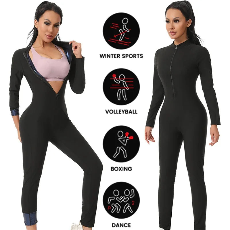 MrifDila Sauna Suit Jumpsuit Full Zip Up Sweatsuit Hot Sweating Jumpsuit Long Sleeve Romper Bottom Pants Sweating Bodysuit Shape
