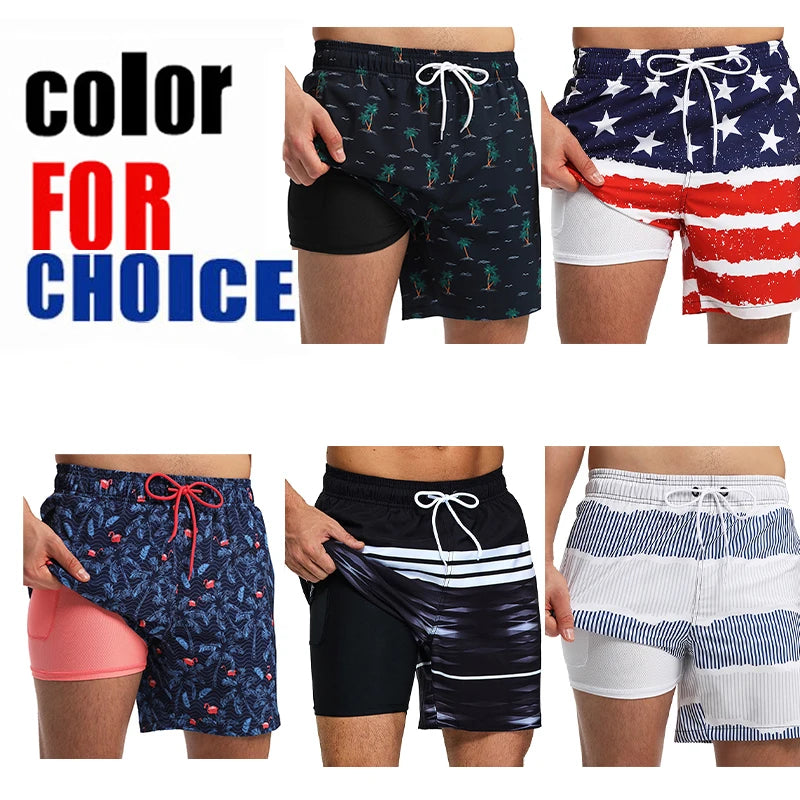 ESCATCH 2026 New Arrival Mens Swimming Trunks Compression Liner 2 in 1 Printing Quick-Dry Gym Sports Mens Shorts Zipper Pockets