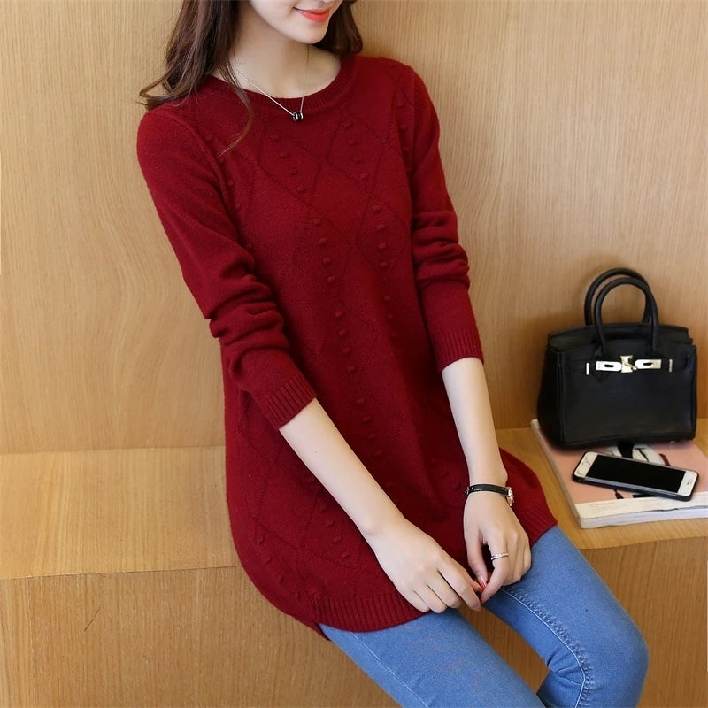 Knitted Jumper Autumn Winter Tops O-neck Long Sleeve Pullovers Casual Warm Women's Sweaters Midi Long Slim Sweater Girls