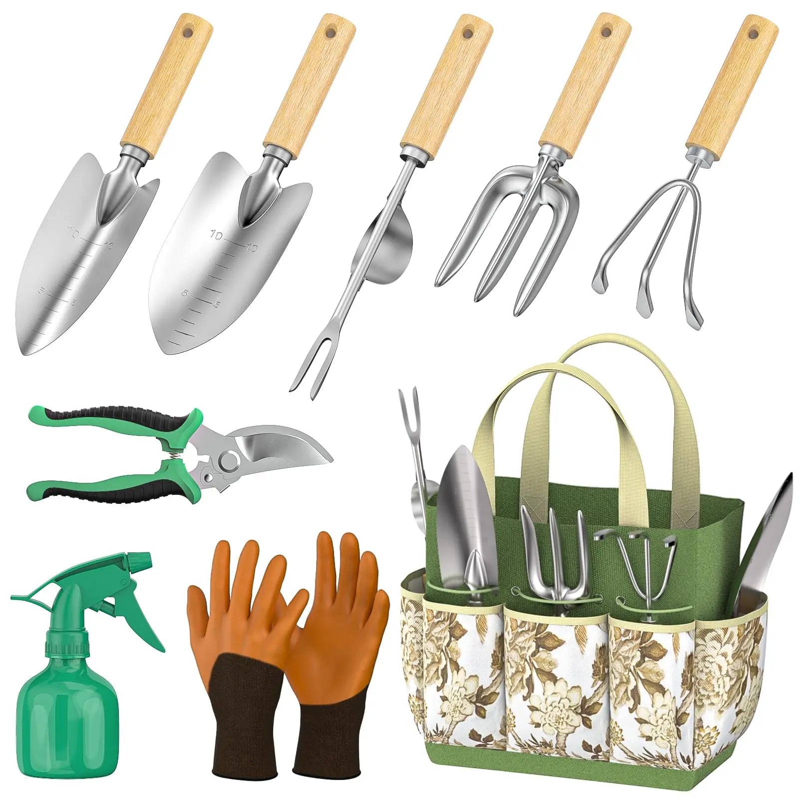 9 Piece Garden Weeding Tools Stainless Steel Gardening Tool Set with Wooden Handle, Weeder Main image