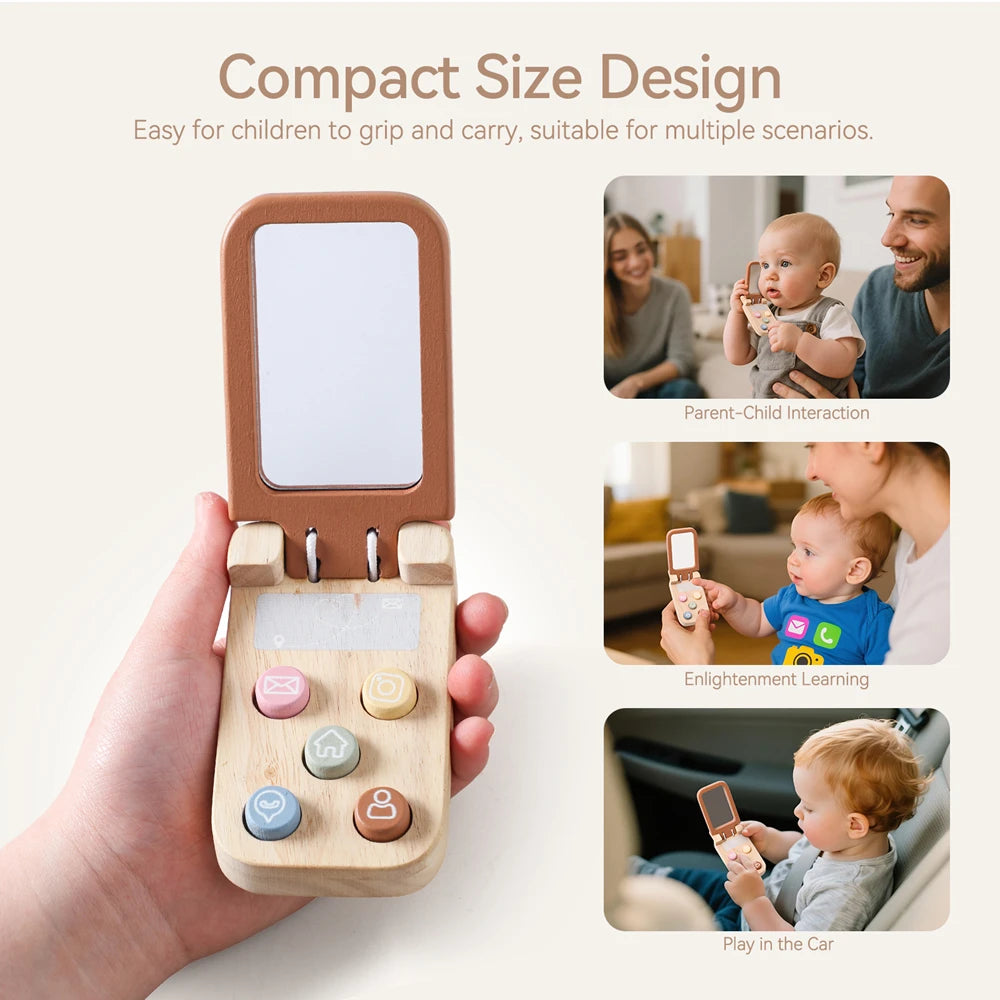 Baby Wooden Bear Phone Teether Toy Telephone Sleeping Pacifier Teething Flip Simulation Phone Toys Early Educational Toy Gifts
