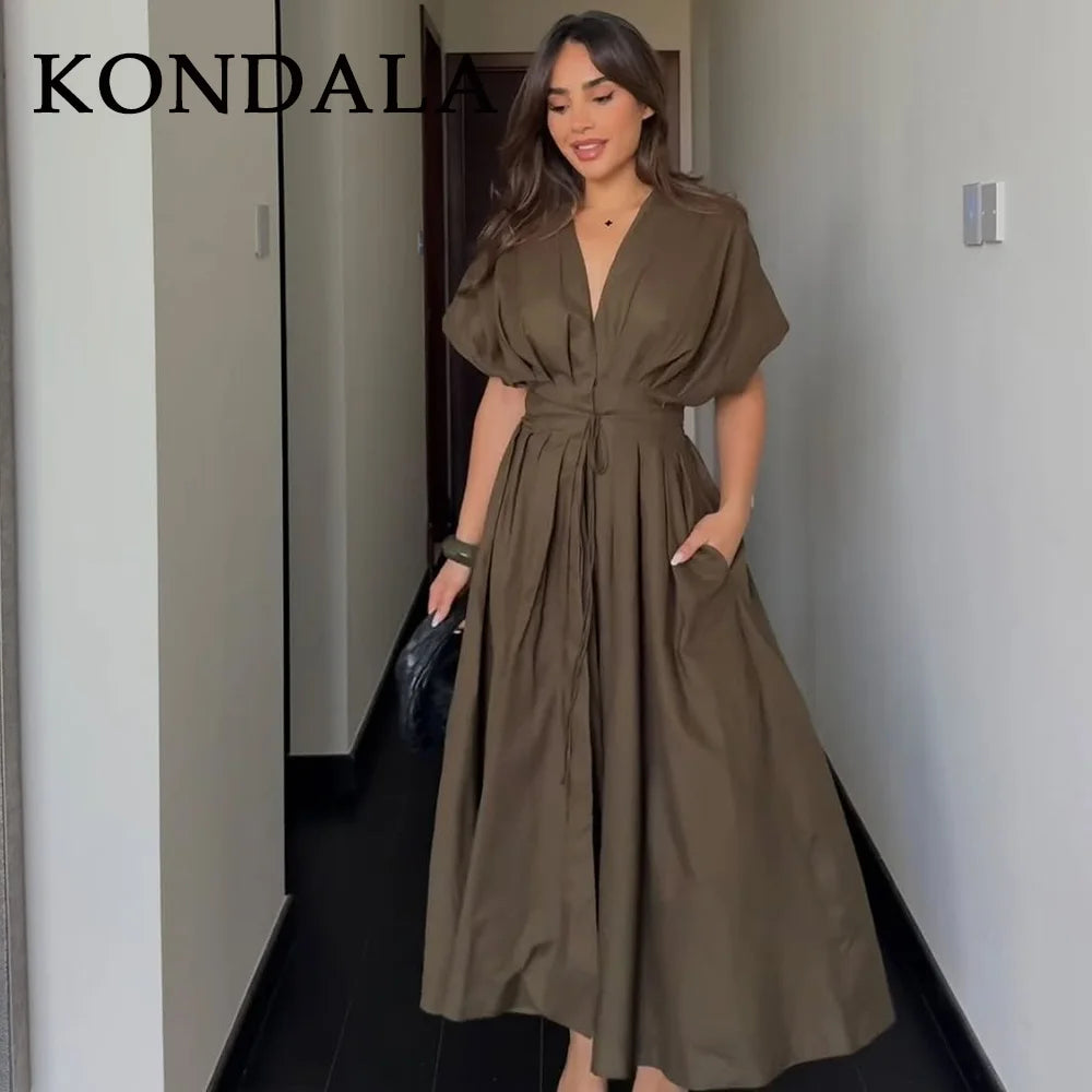 KONDALA 2026 Spring Summer Vintage Women Dress Fashion Single Breasted Sashes Draped V Neck Sleeveless Chic Brown Ladies Dresses