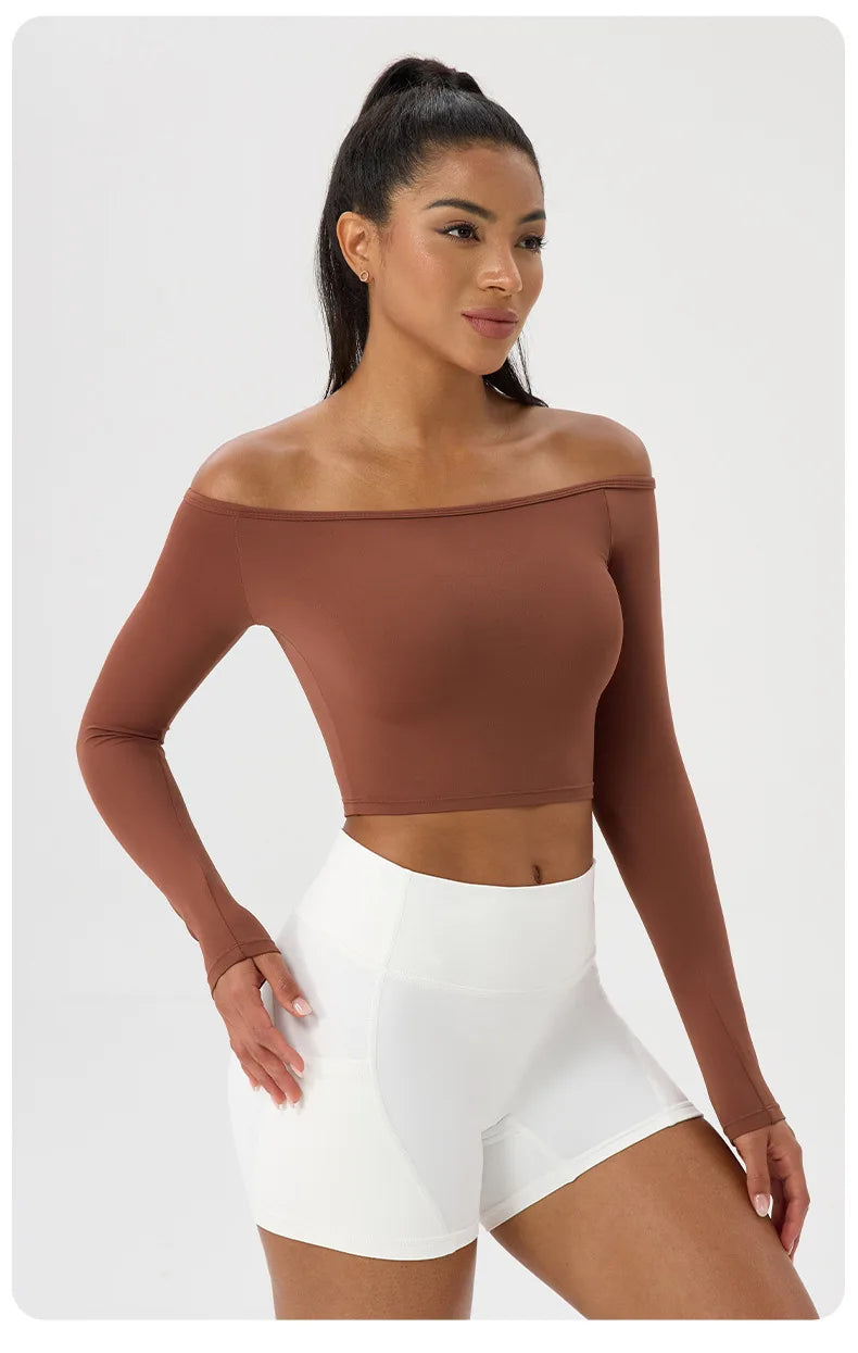 Yoga long-sleeved T-shirt women's one-shoulder sexy tight fitness wear top nude feel quick-drying sports sleeved Yoga Shirts