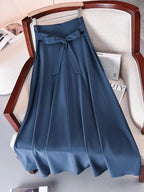 New In Dresses Solid Color A-line Skirts for Woman Clothing High Elastic Waist Long Skirt Women With Bow Elegant Women's Skirts