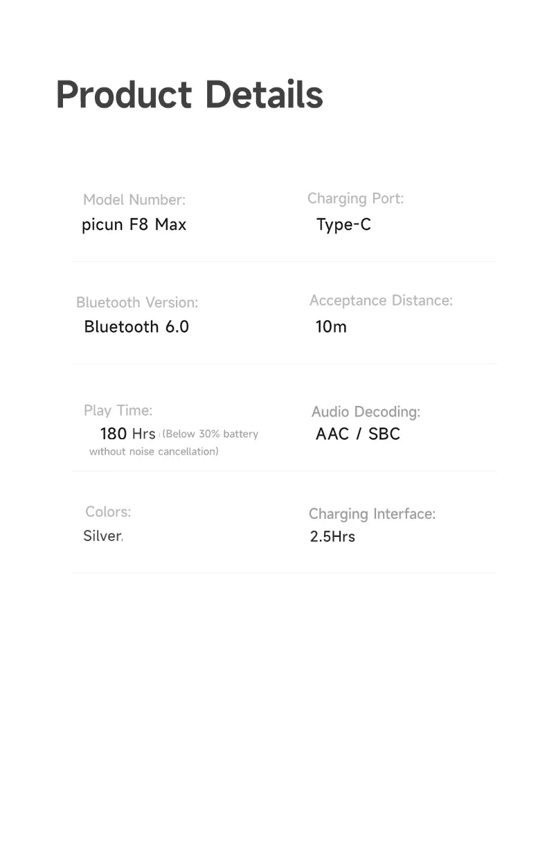 Picun F8MAX ANC Wireless Headphone 59dB Hybrid Active Noise Canceling Spatial Audio Earphone Bluetooth 6.0 Over Ear Headset 180H