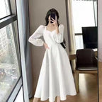 Long Puff Sleeve Solid Elegant Dress Women Clothing Wedding Guest New Year Women Fashion High Waist Slim Evening Party Dresses