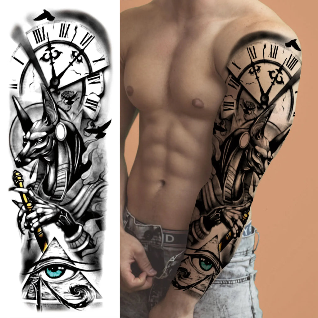 Compass Robot Arm Temporary Tattoos Sleeve For Men Women Realistic Fake Skull Angel Full Arm Tatoos Maori Totem Tattoo Sticker