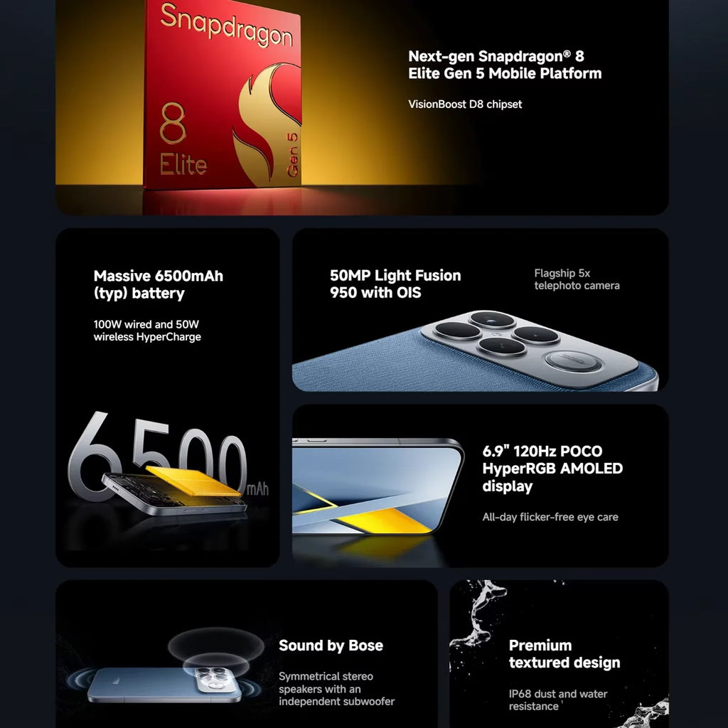 Global Version POCO F8 Ultra Snapdragon 8 Elite Gen 5 Smartphone 6.9" 120Hz AMOLED Display 6500mAh 100W Battery Xiaomi Telephone