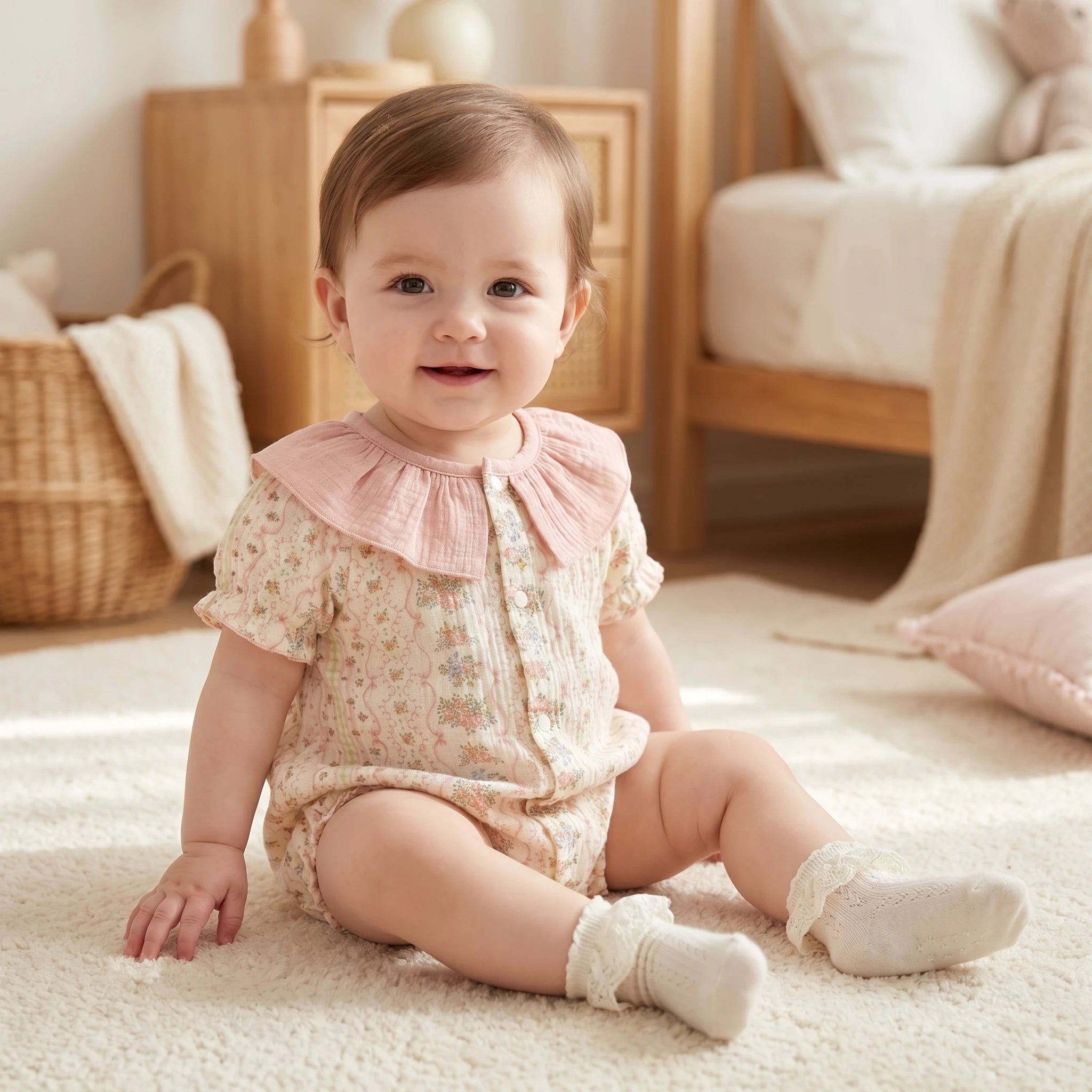 2026 Summer Baby Bodysuit Floral Print Cotton Peter Pan Collar Puff Sleeve Romper for Girls Soft Breathable Outfit