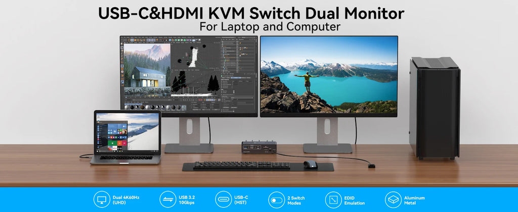 KVM Switch 2 Monitors 2 Computers Docking Station USB C+HDMI/DP Input,4K@60Hz/120Hz DisplayPort Dual Monitor for Laptop Desktop