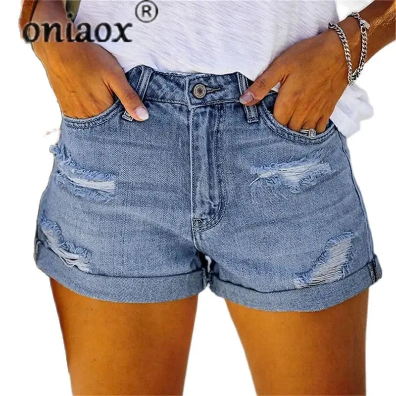2024 Summer New Women Crimping Button Up Stretch Sexy Hole Jean Shorts High Waist Skinny Streetwear Trendy Ripped Denim Shorts Main image